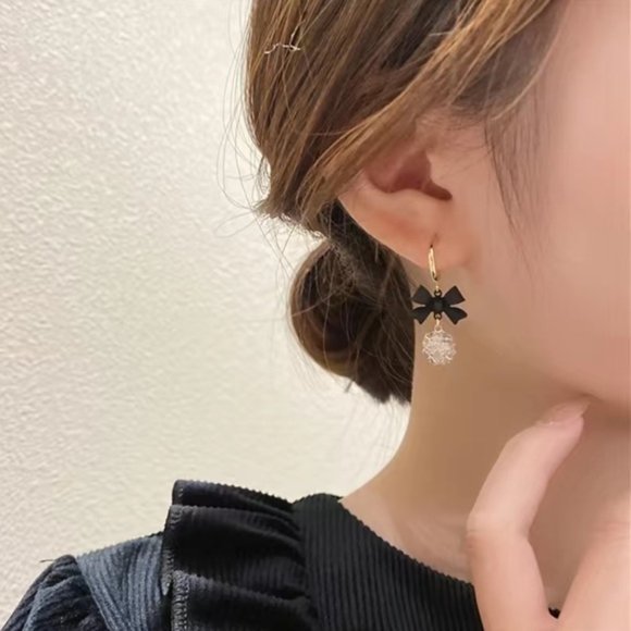 Diamond Ball Earrings with Bowknot Shape Pendant - Picture 2 of 7